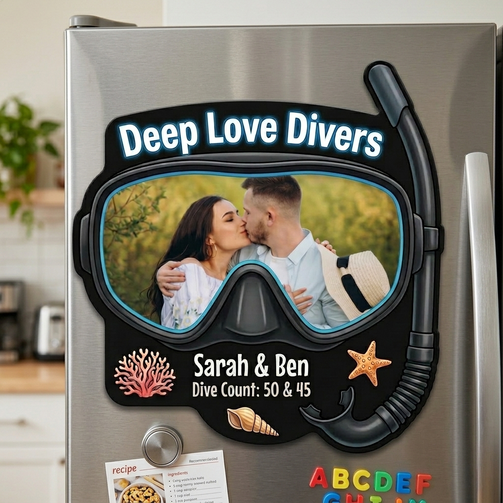 Personalized Diving Theme Couple Photo Fridge Magnet Custom Couple Gift with Names Anniversary Gift for Her Him Diving Lovers Gift