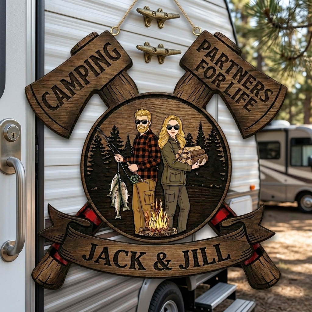 Personalized Camping Partners for Life Couple Camping Sign with Names Acrylic Camping Sign Over Print Camping Couple Gift Idea