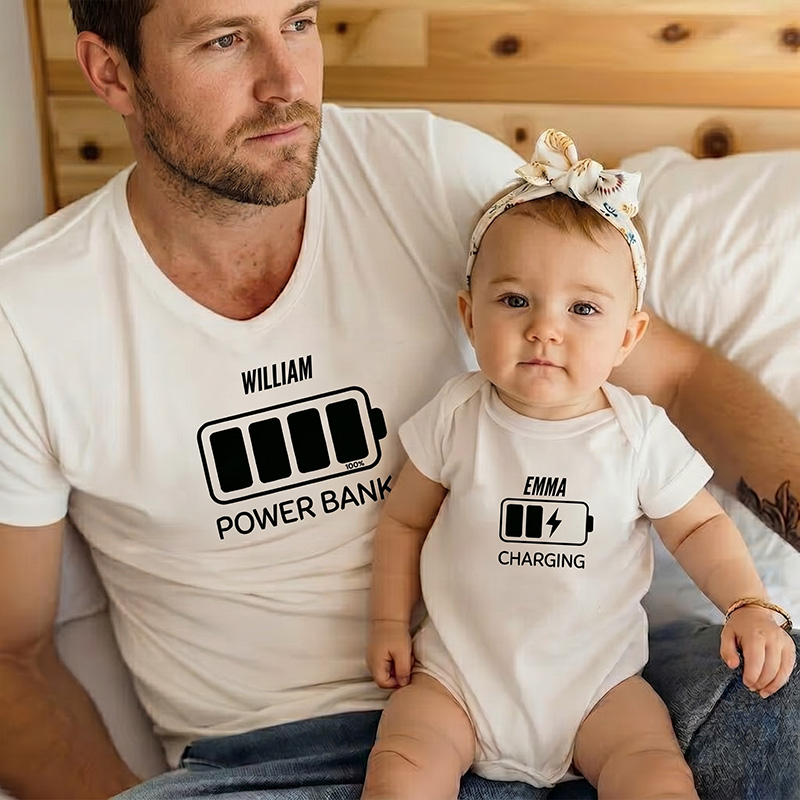 Personalized Power Bank and Charging Tshirt Father Son Matching Tee Dad and Baby Shirt Father Daughter Matching Tee Gift For Dad