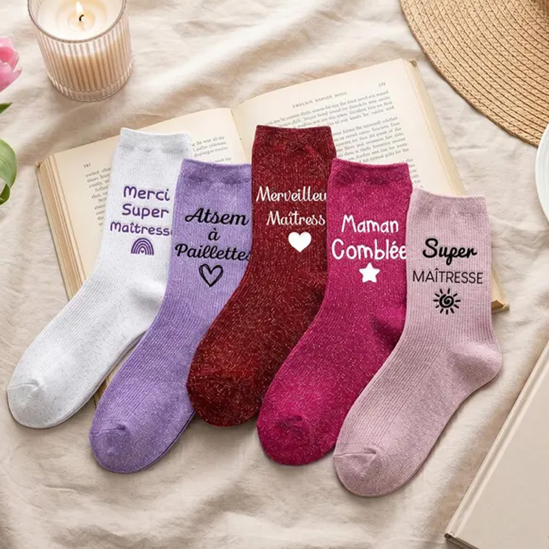 Personalized Teacher Appreciation Gift Merci Super Maitresse Maman Combative Merveilleuse Maitresse Cute Cozy Glitter Socks