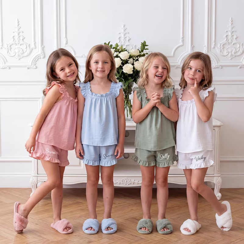 Personalized Floral Party Ruffle Top And Shorts Matching Girls Sleepwear Birthday Sleepover Gift Kids Pajamas
