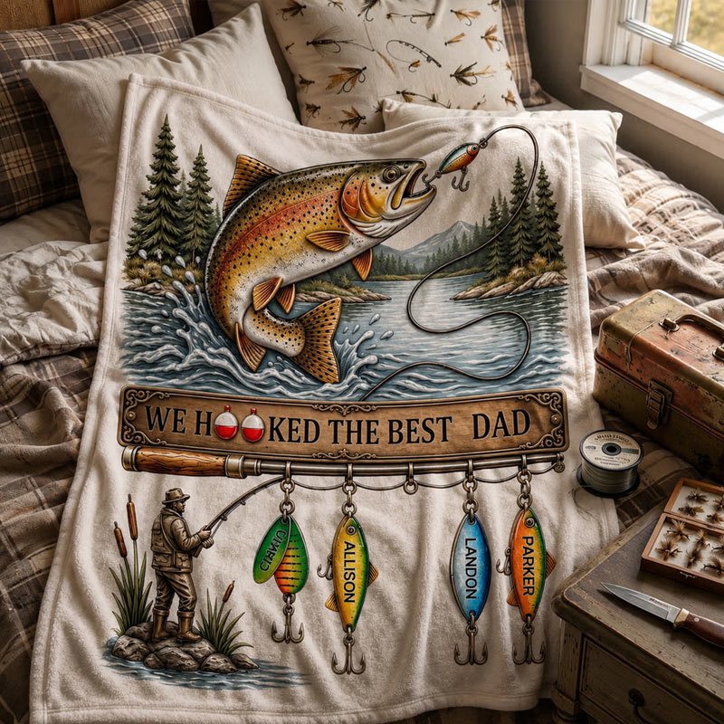 Personalized We Hooked The Best Papa Soft Throw Blanket with Name Home Decor Custom Father's Day Birthday Gift for Dad Grandpa Fishing Lover