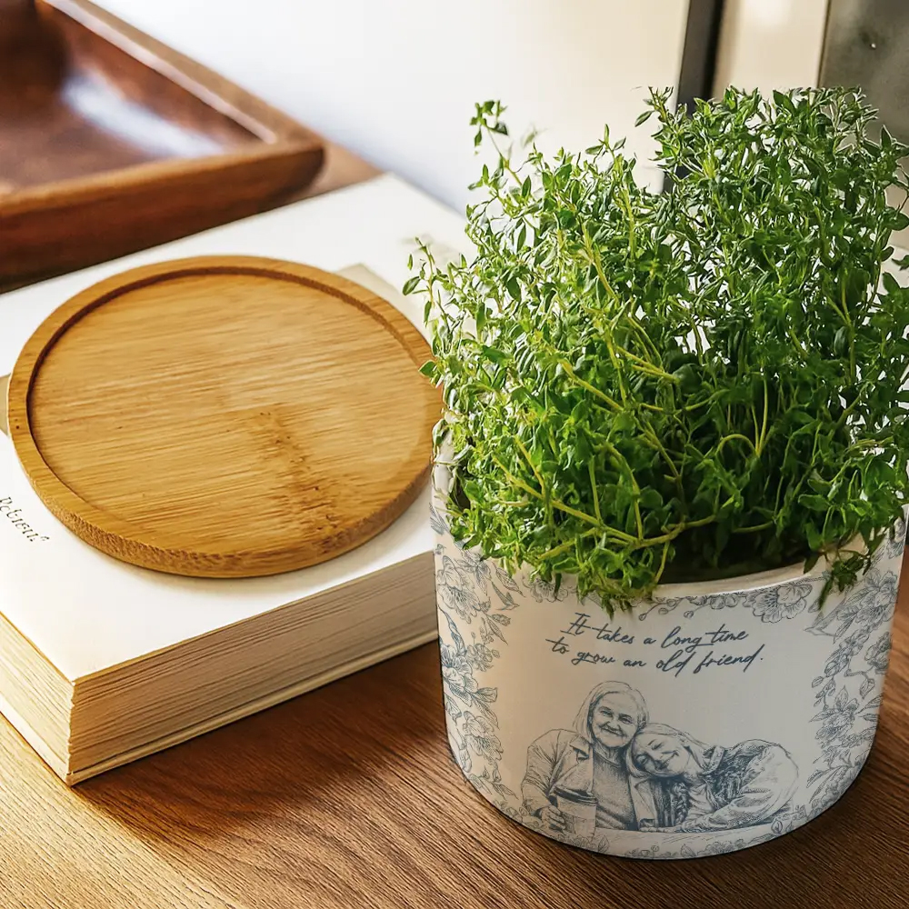 Personalized Ceramic Plant Pot Custom Photo Pencil Sketch A True Friendship Is A Journey Without An End Gift for Bestie