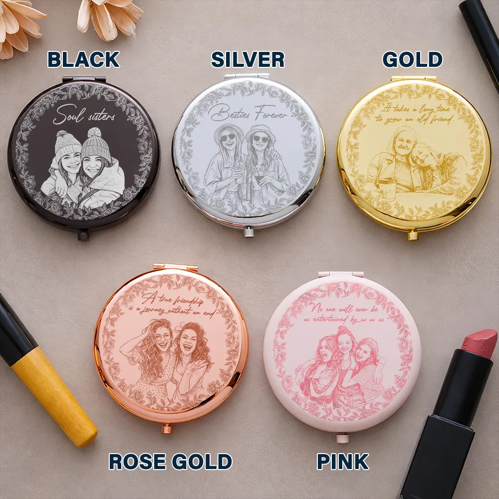 Personalized Compact Mirror Custom Photo Pencil Sketch A True Friendship Is A Journey Without An End Gift for Friend
