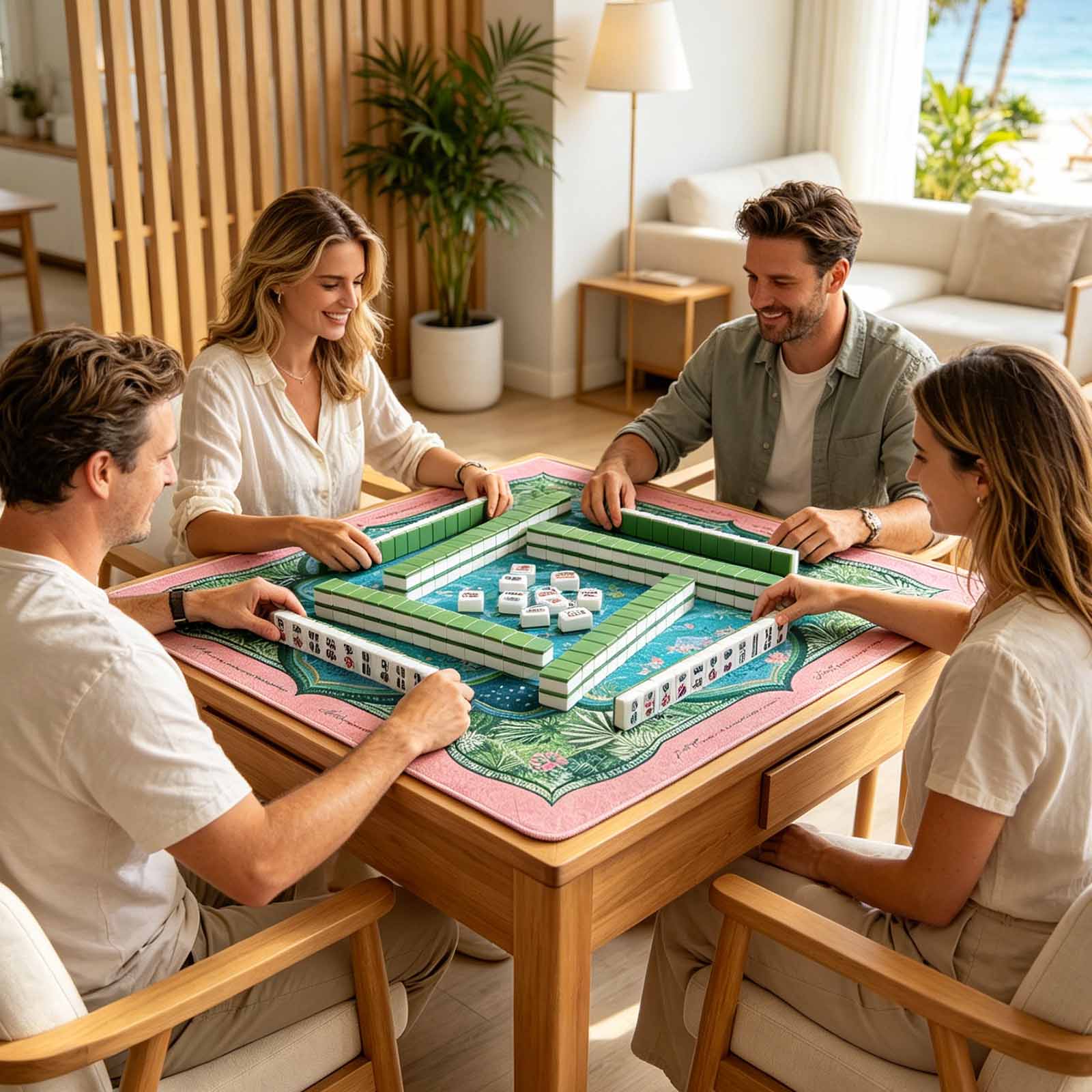 Jungle Inspired Palm Beach Chic Mahjong Mat Monkeys Zebras Lush Mahjong Mat Neoprene Game Surface Travel Portable Playing