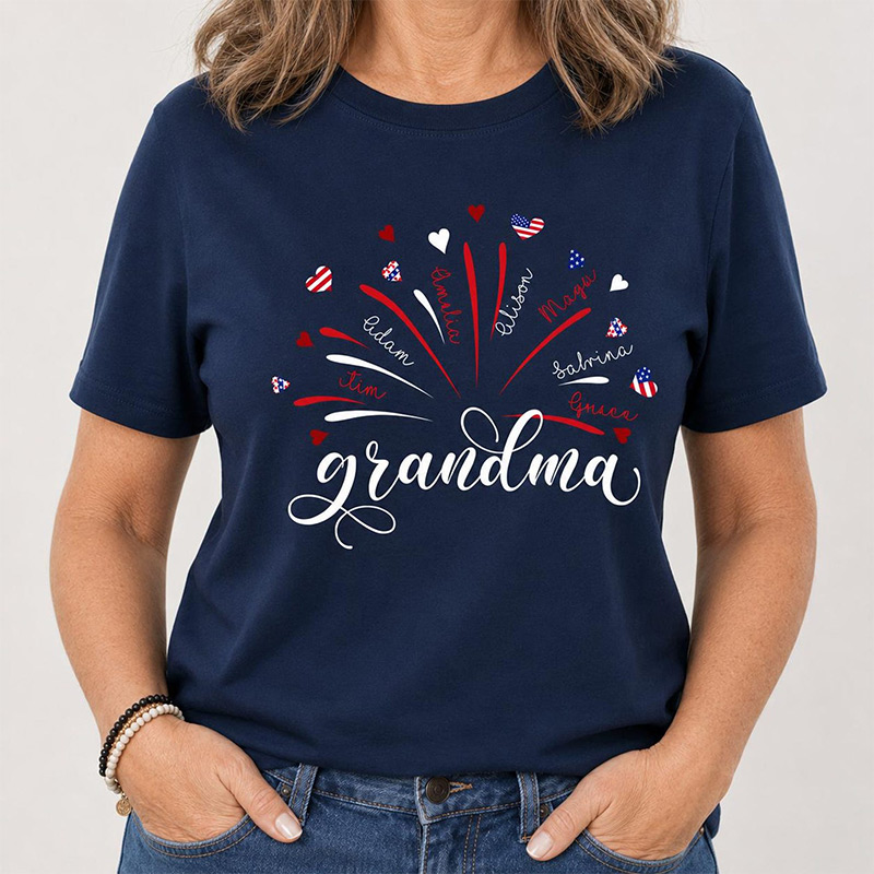 Personalized Firework USA Flag Grandma And Kids Shirt America 250th Shirt For Patriotic Nana Gigi Mimi 4th of July Independence Day Gift