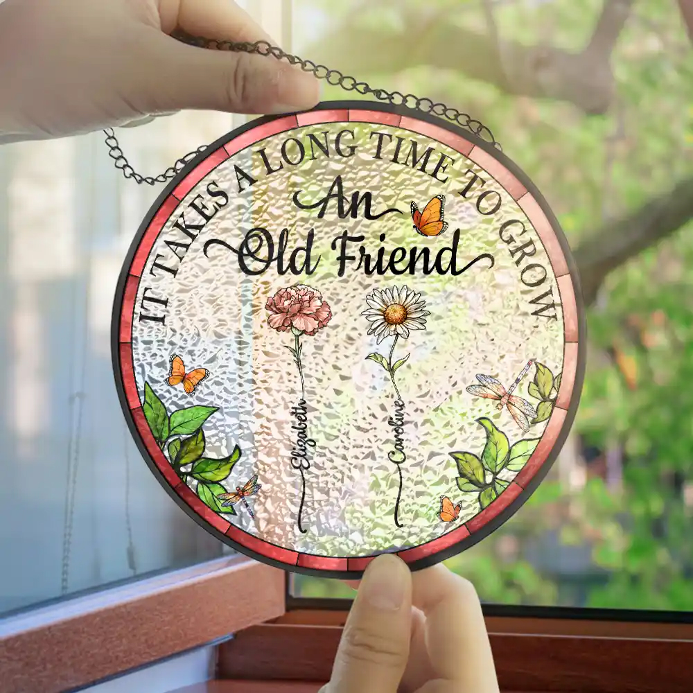 Personalized Stained Glass Window Hanging Suncatcher Birth Flower Grow An Old Friend for Best Friend