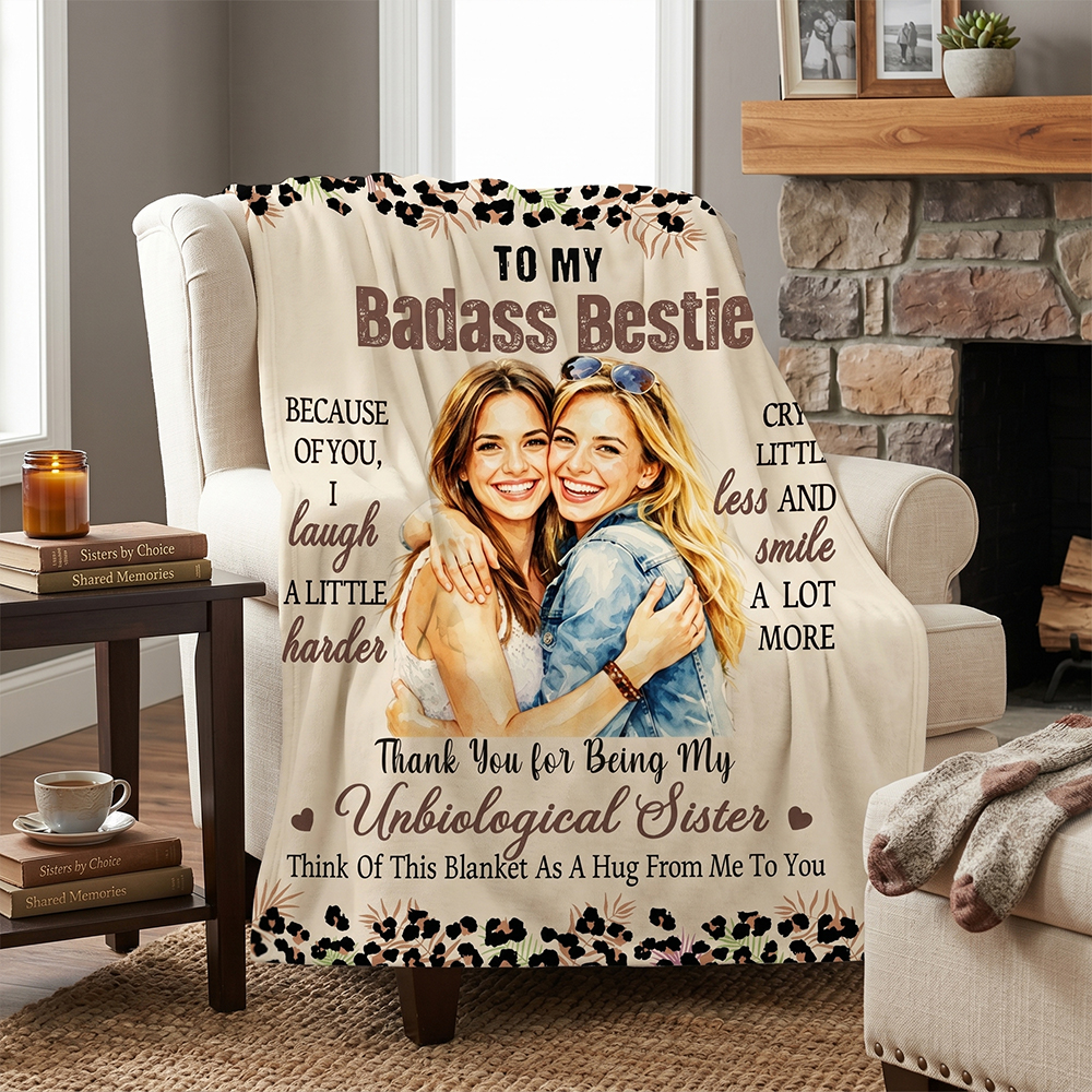 Personalized Sisters Leopard Print Throw Blanket Thank You My Badass Bestie Birthday Gift for Friend