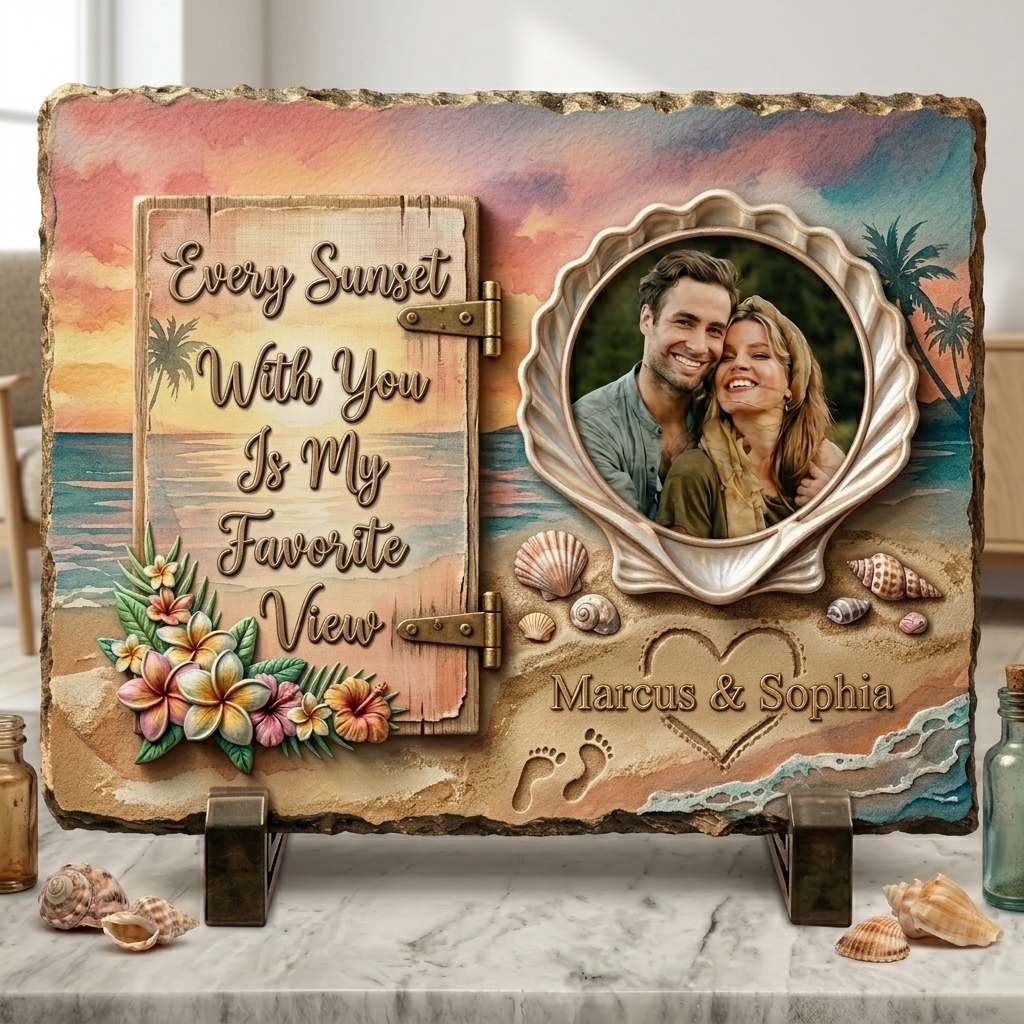 Personalized Beach Sunset Couple Photo Slate Custom Shell Frame Stone Plaque with Stand Every Sunset With You Is My Favorite View Anniversary Gift Romantic Keepsake