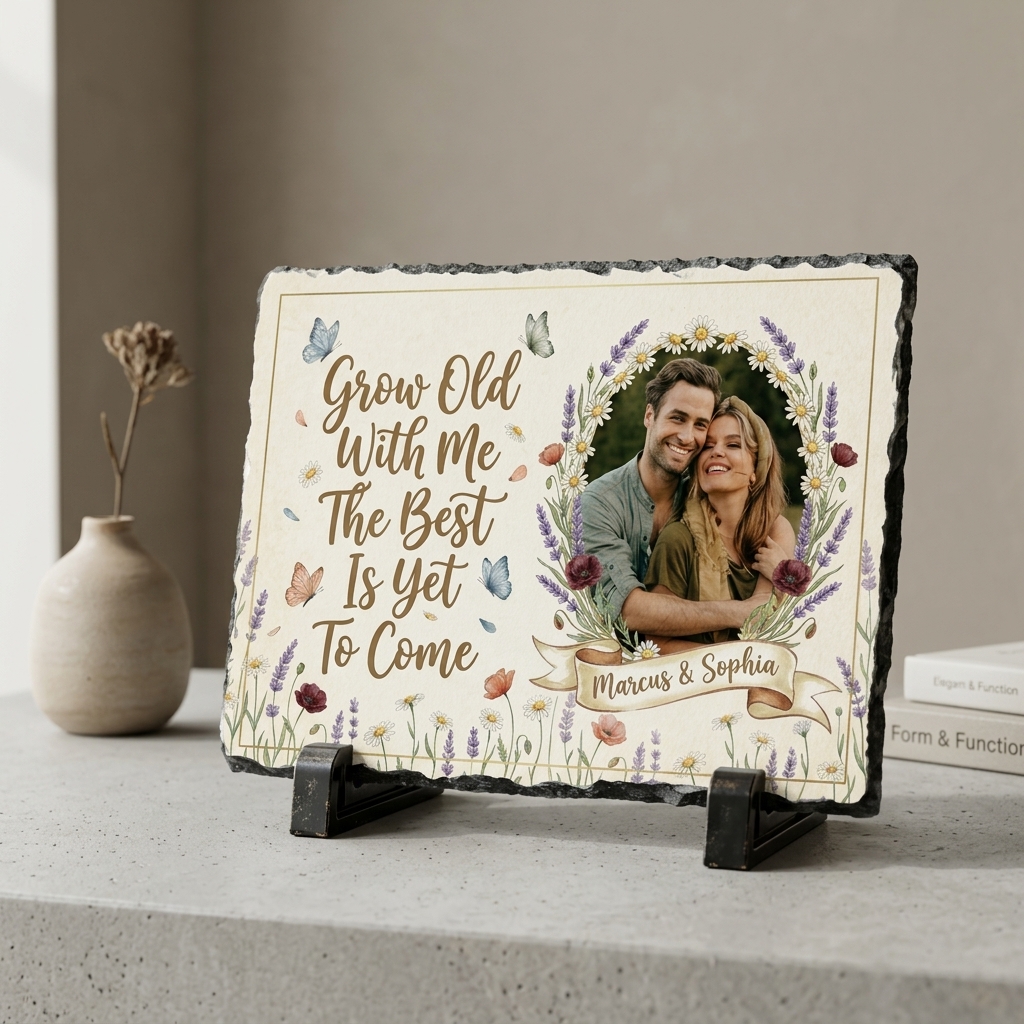 Personalized Watercolor Flower Couple Photo Slate Custom Romantic Quote Stone Plaque Engagement Gift Wedding Keepsake Valentines Gift for Partner