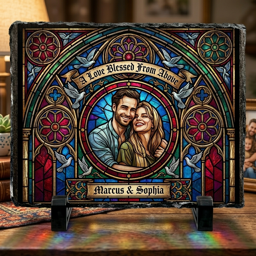 Personalized Stained Glass Style Couple Photo Slate Custom "A Love Blessed From Above" Stone Plaque Wedding Anniversary Gift Romantic Keepsake