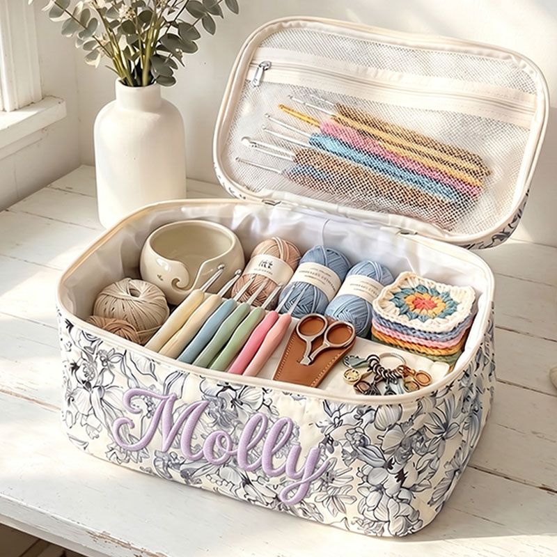 Personalized Embroidered Cotton Quilted Crochet Tool Storage Bag Large Small  Floral Crochet Tool Storage Bag Set Cute Coquette Pouch for Purse Aesthetic Cloth Flower Storage Bag Organizer