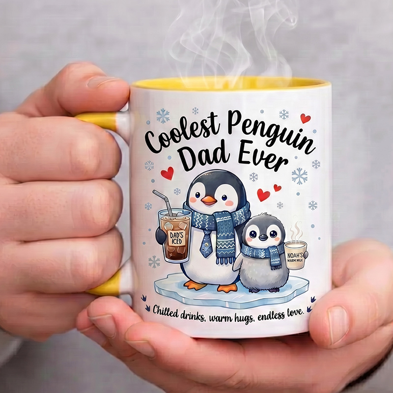 Personalized Dad & Baby Penguin Design 11 oz Ceramic Mug with Name Coolest Penguin Dad Ever Mug Birthday Gift for Dad