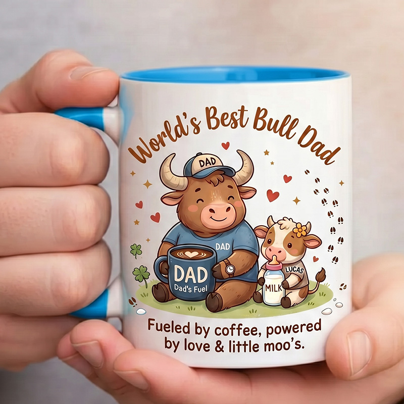 Personalized Dad & Baby Cow Design 11 oz Ceramic Mug with Name World’s Best Bull Dad Mug Birthday Gift for Dad