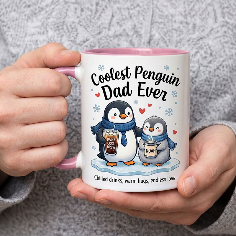 Personalized Dad & Baby Penguin Design 11 oz Ceramic Mug with Name Coolest Penguin Dad Ever Mug Birthday Gift for Dad