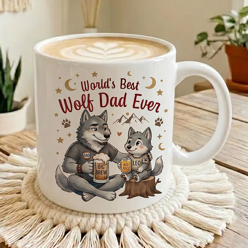 Personalized Dad & Baby Wolf Design 11 oz Ceramic Mug with Name World’s Best Wolf Dad Ever Mug Birthday Gift for Dad