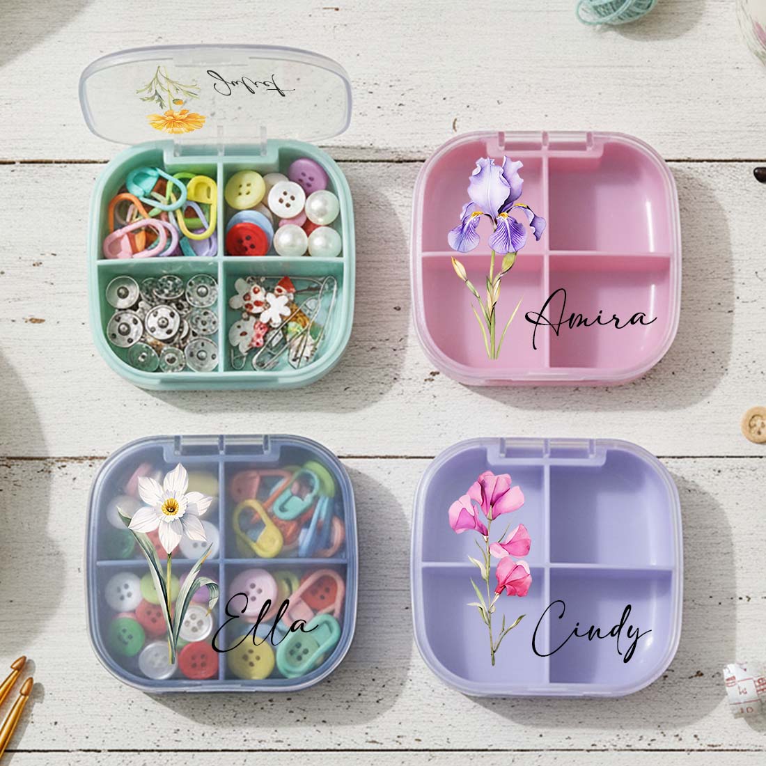 Personalized Knitting Crochet Notions Case Mini Storage Box 4 Compartments Multi Section Stitch Markers Point Protectors Tools Travel Compartments Case Custom Name with Birth Flower Crochet Tool Organizer