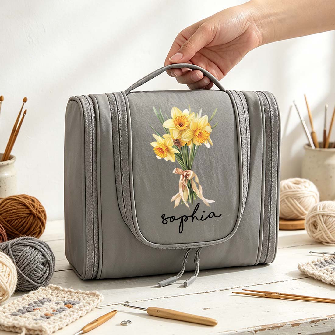 Personalized Crochet Storage Bag Water Resistant Crochet Storage Bag with Hanging Hook Custom Name with Birth Flower Crochet Tool Storage Bag Portable Storage Bag Large Capacity Multiple Pockets Organizer Bag