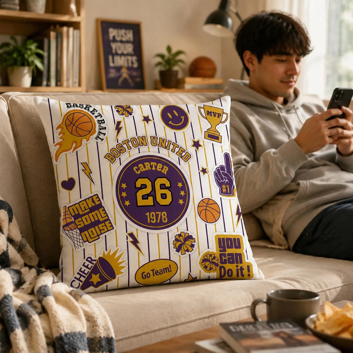  Personalized Sports Throw Pillow Custom Name Number Team Jersey Style Cushion Gift for Athlete Sports Fan