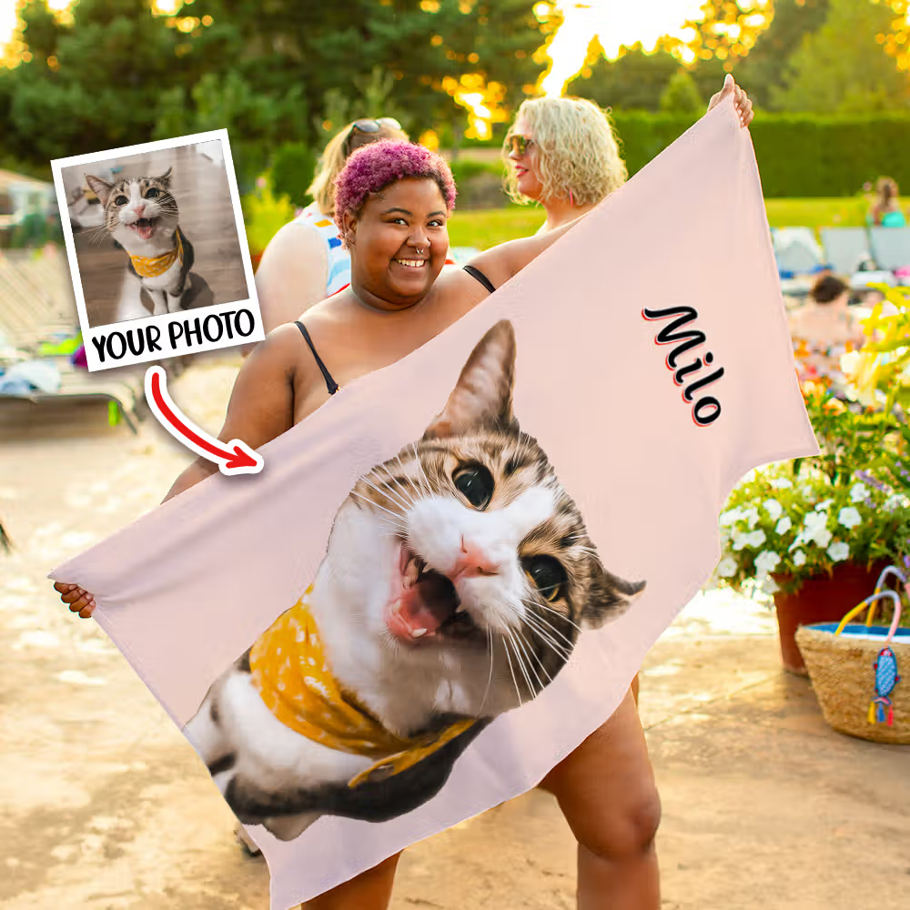 Personalized Pet Portrait Oil Painting Quick Dry Beach Towel with Name Birthday Gift for Pet Lovers