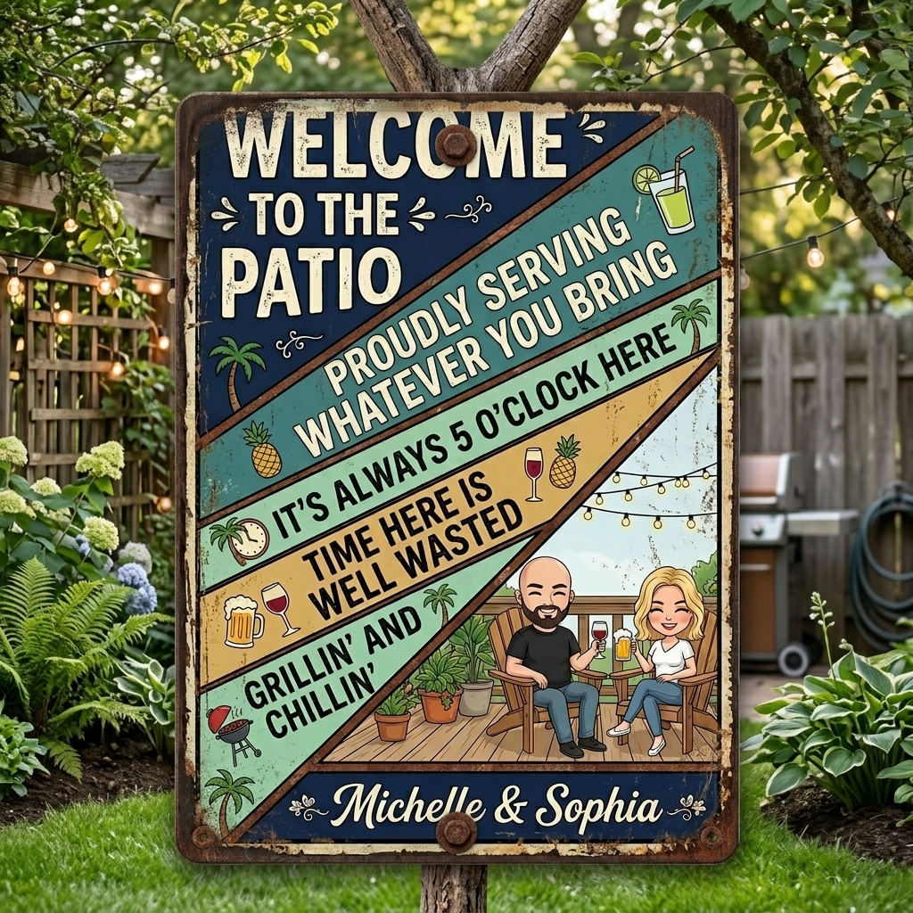 Personalized Retro Couple Patio Welcome Grilling Proudly Serving Whatever You Bring Husband Wife Couple Single Backyard Sign Personalized Custom Classic Metal Signs