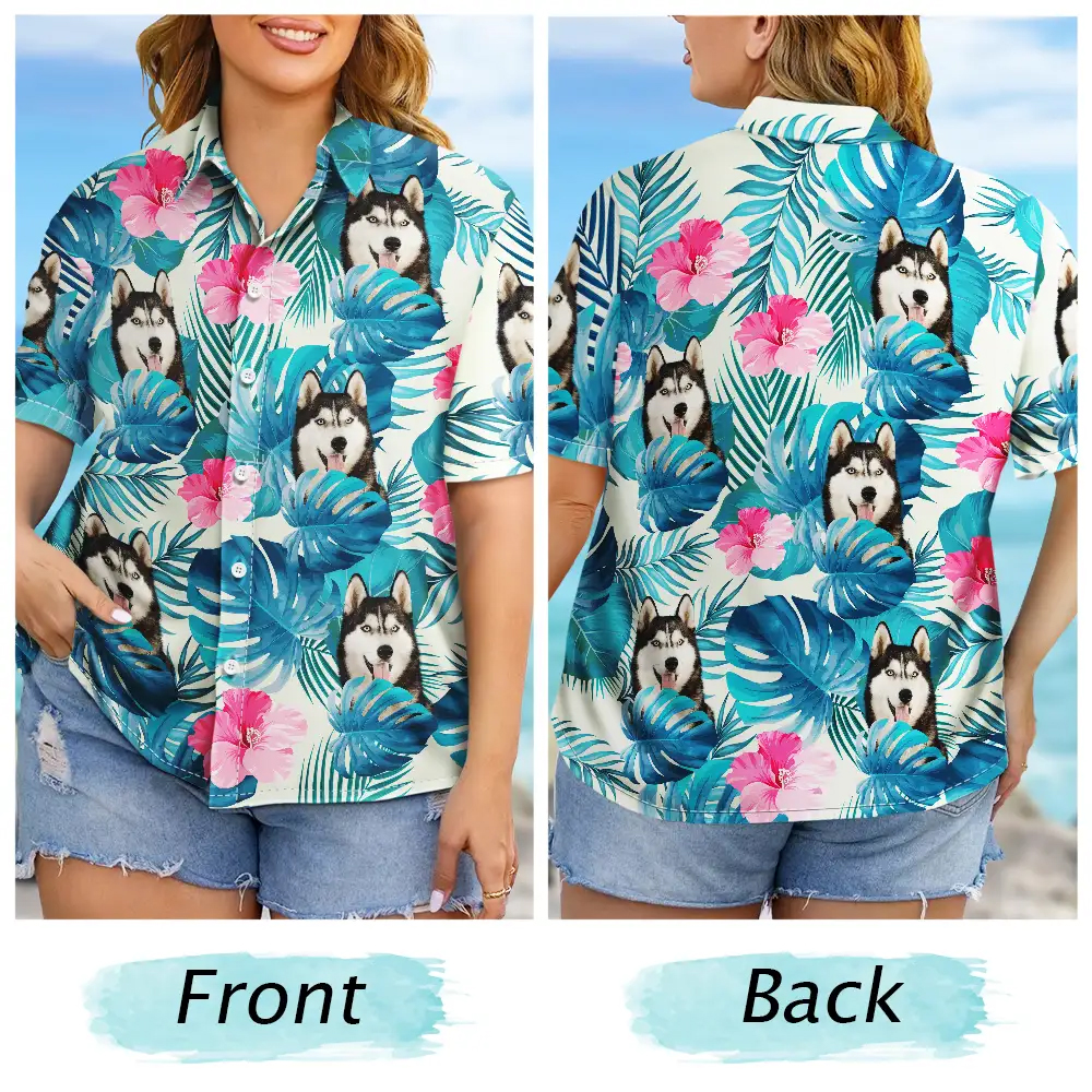Personalized Photo Hawaiian Shirt Custom Photo Tropical Leaves Funny Family Pet Face