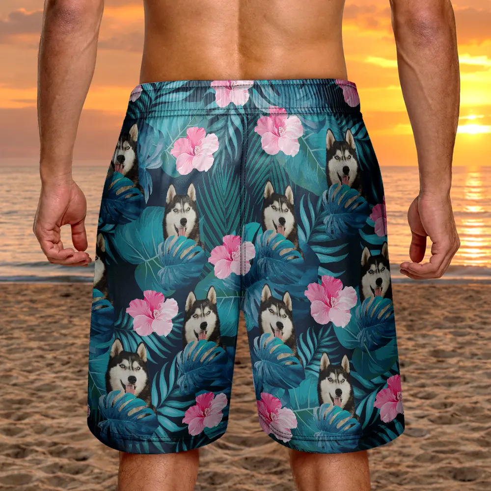 Personalized Unisex Beach Shorts Custom Photo Tropical Leaves Funny Family Pet Face Gift for Pet Lovers