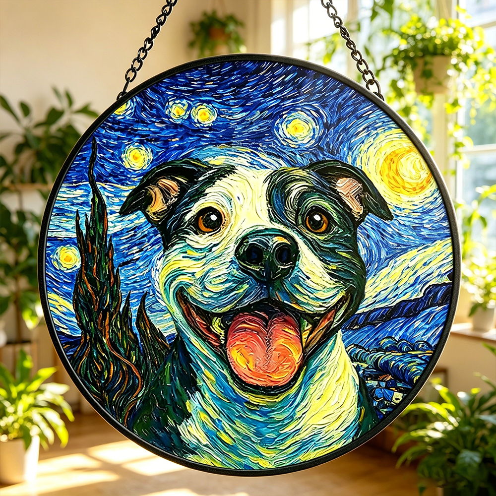 Personalized Stained Glass Window Hanging Suncatcher Custom Photo Starry Night Gift for Pet Lover