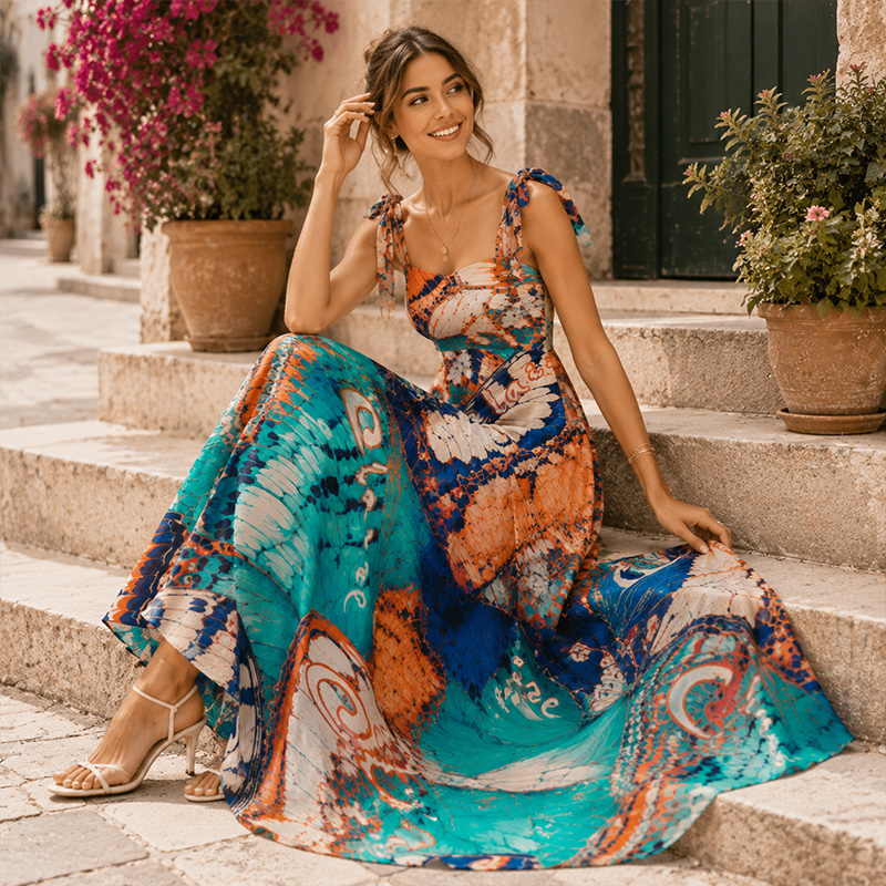 Personalized Hand Painted Colorful Butterfly Print Bow Tie Strap Square Neck Maxi Dress For Summer Vacation Beach Honeymoon Gift for Her