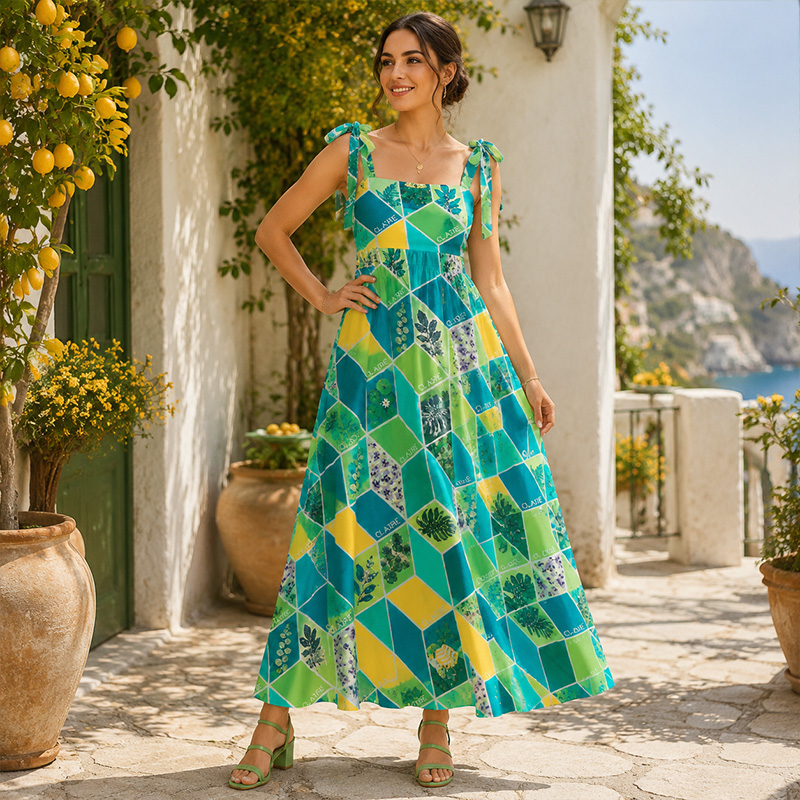 Personalized Tropical Plant Diamond Tile Pattern Tie Shoulder Flowy A Line Long Sundress For European Countryside Travel Couple Holiday