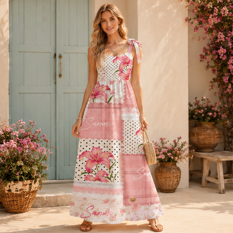 Personalized Vintage Floral Lace Plaid Spliced Print Tie Shoulder Long Sundress Romantic Cottagecore Pink Lily Dot Patchwork Vacation Maxi Dress