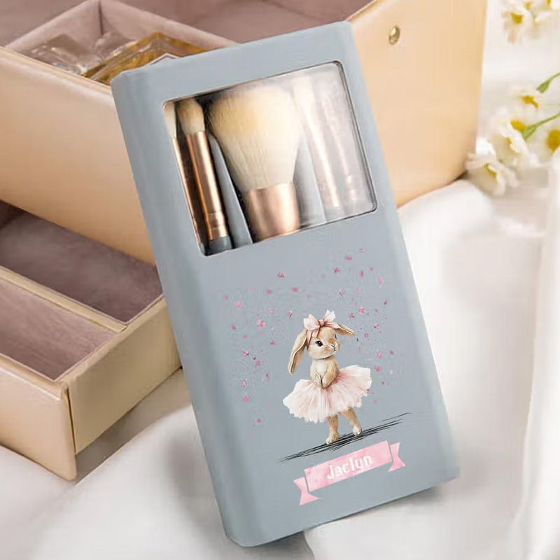 Personalized Ballet Bunny 5 Pcs Makeup Brushes Box Set with Name and Mirror Birthday Dance Competition Gift for Ballet Lovers