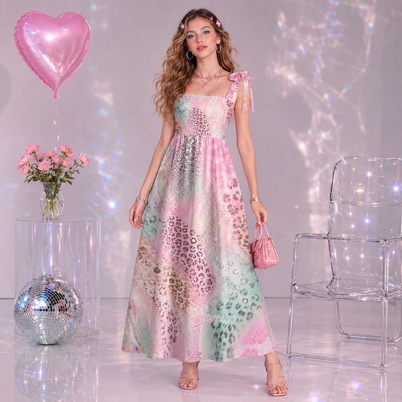 Personalized Shiny Satin Ombre Leopard Flower Collage Print Bow Strap Floor Length Dress For Summer Holiday Night Out Travel