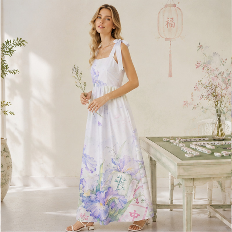 Personalized Watercolor Iris Mahjong Bow Strap Oriental Vacation Maxi Dress Pastel Ink Floral Mahjong Satin Summer Sundress Mahjong Style Purple Iris Square Neck Long Dress