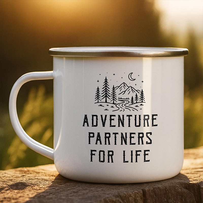 Personalized Adventure Partners For Life Camping Enamel Mug Custom Couple Hiking Travel Cup Anniversary Wedding Gift For Husband Wife