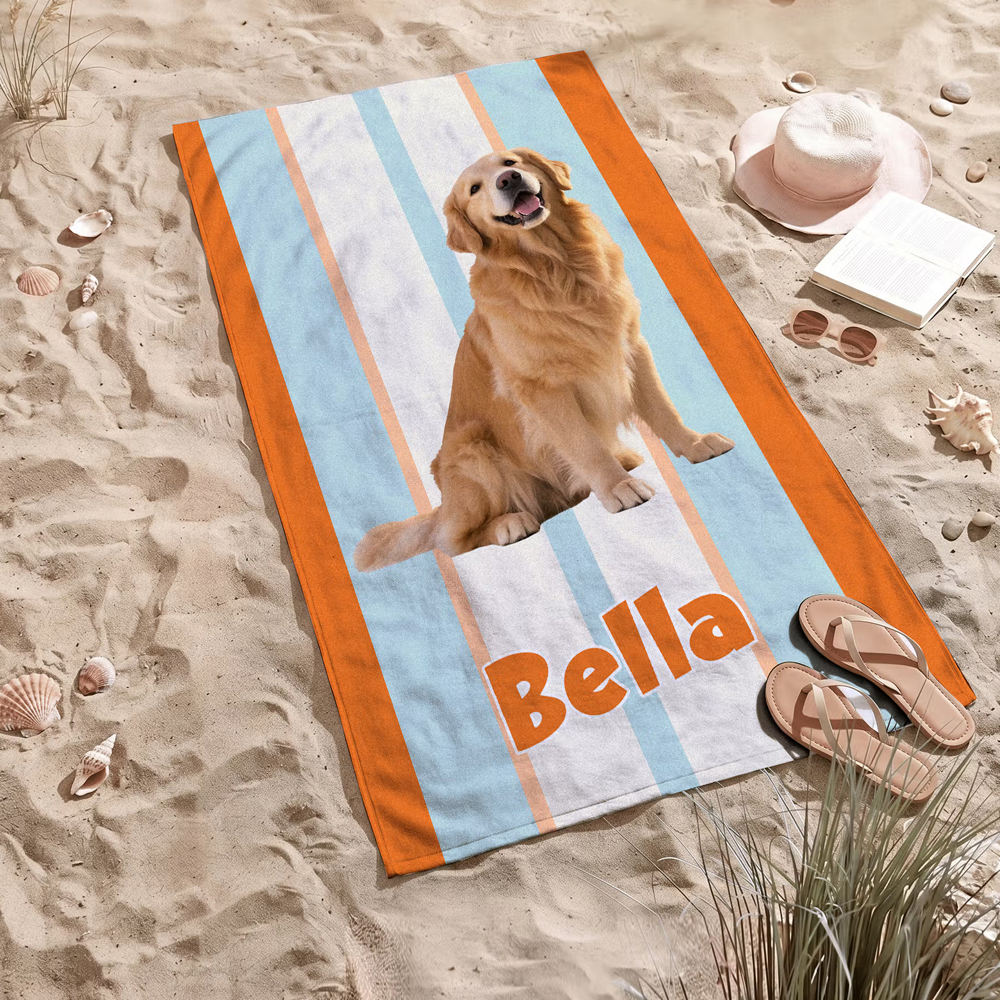 Personalized Multicolor Vertical Stripes Photo Quick Dry Oversized Beach Towel with Name Beach Party Birthday Gift for Family Pet Lovers