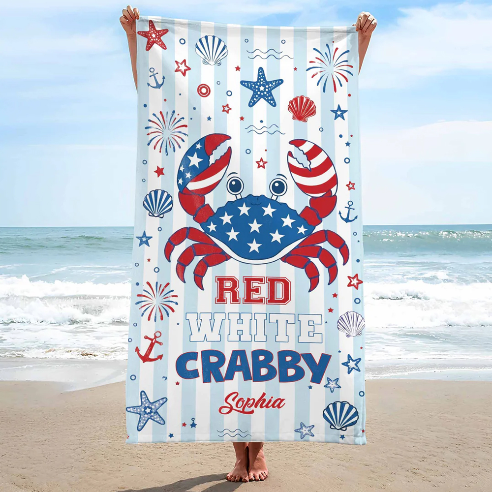 Personalized Beach Towel USA 250th Red White Crabby Gift For Beach Lovers