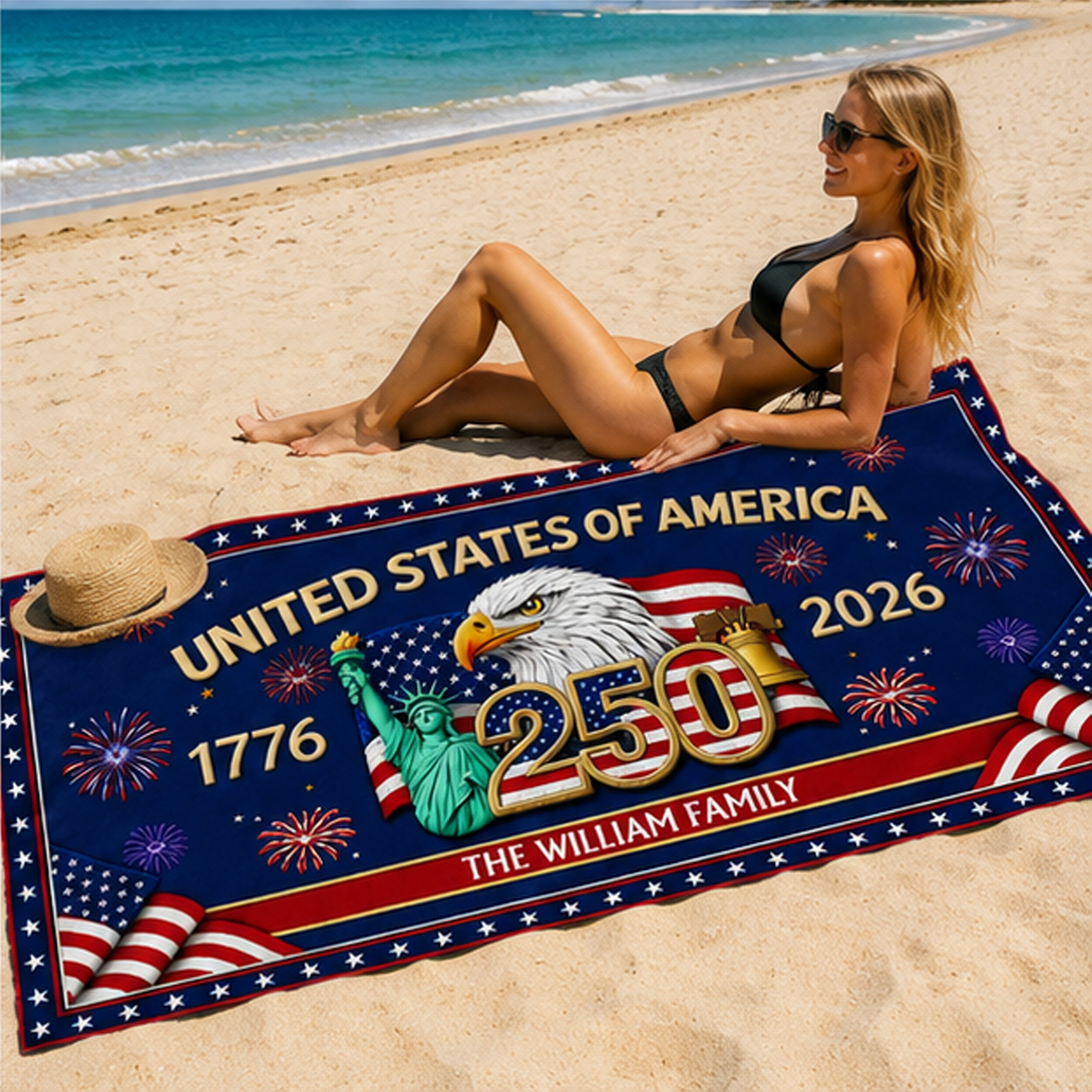 Personalized Beach Towel Faux Embroidery Effect America 250th Anniversary Family Name