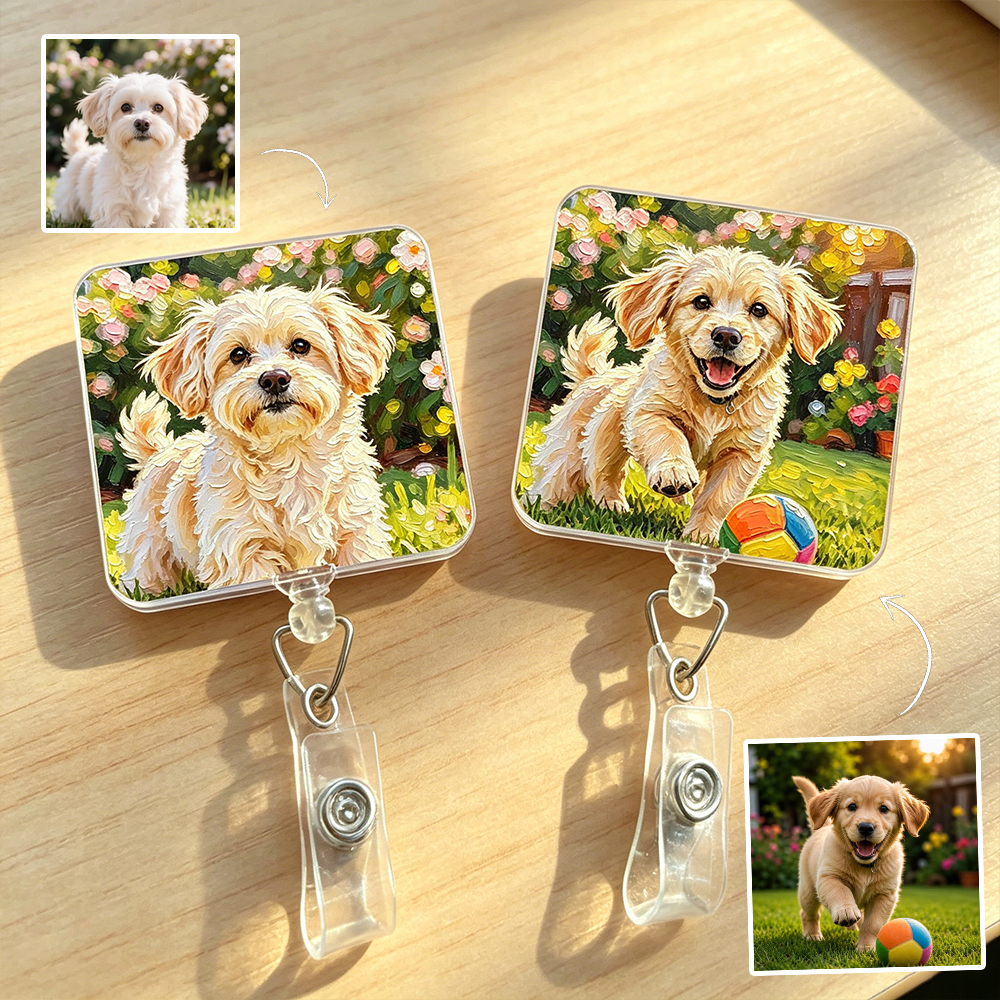 Personalized Pet Badge Reel Oil Painting Style Custom Pet Photo Gift for Pet Lovers
