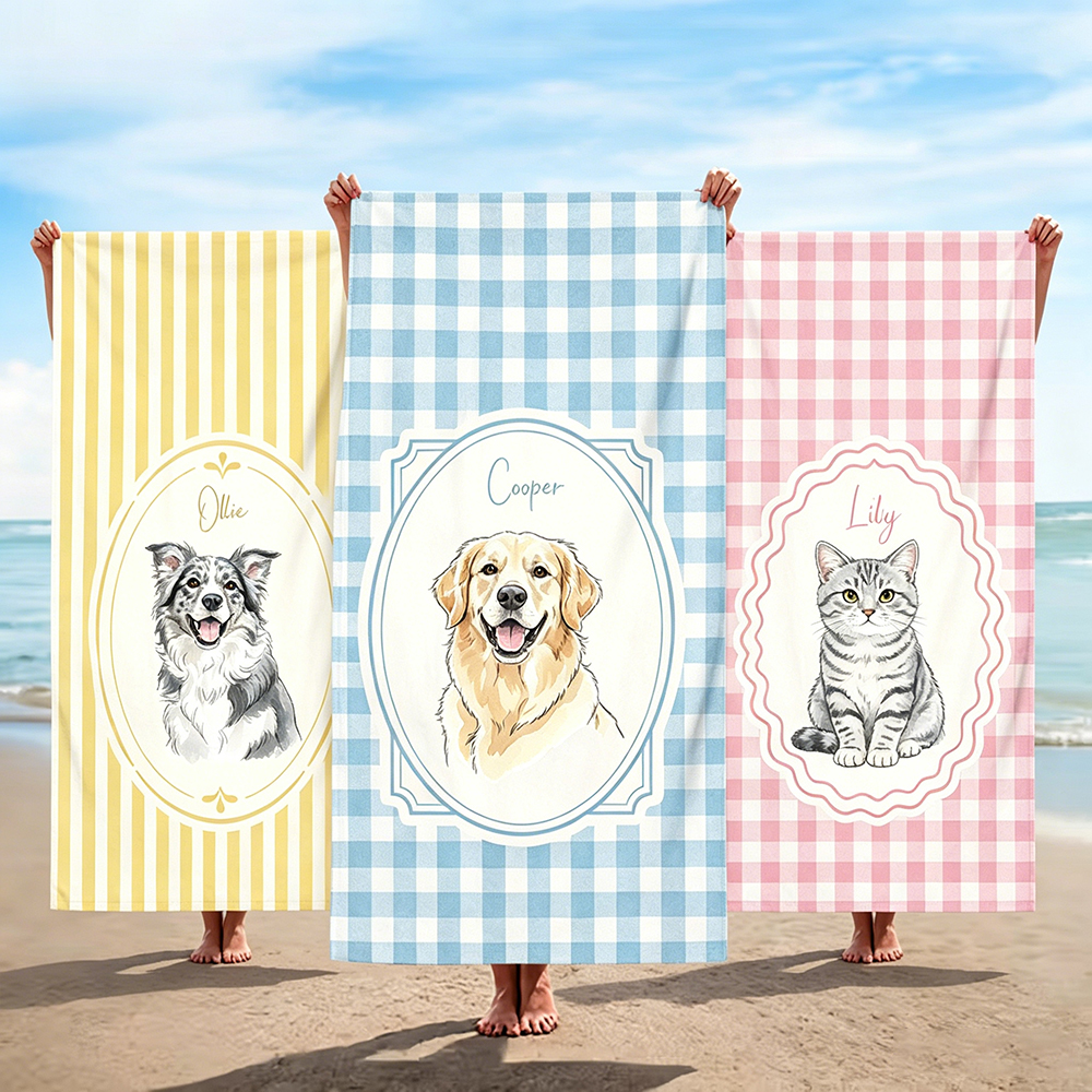 Personalized Pet Beach Towel Custom Pet Portrait Watercolor Striped Pattern with Name Gift for Pet