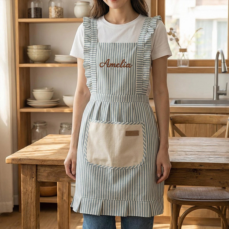 Personalized Striped Apron with Pockets Embroidered Baking Kitchenwear Baking Apron with Name Baking Lover Gift