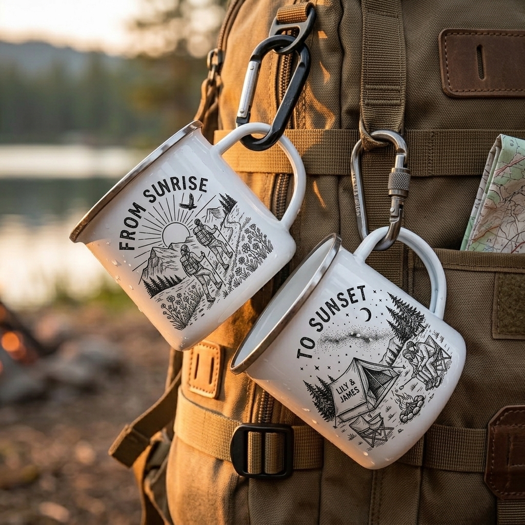 Personalized From Sunrise to Sunset Enamel Mug Custom Couple Hiking Travel Cup Anniversary Wedding Gift For Husband Wife