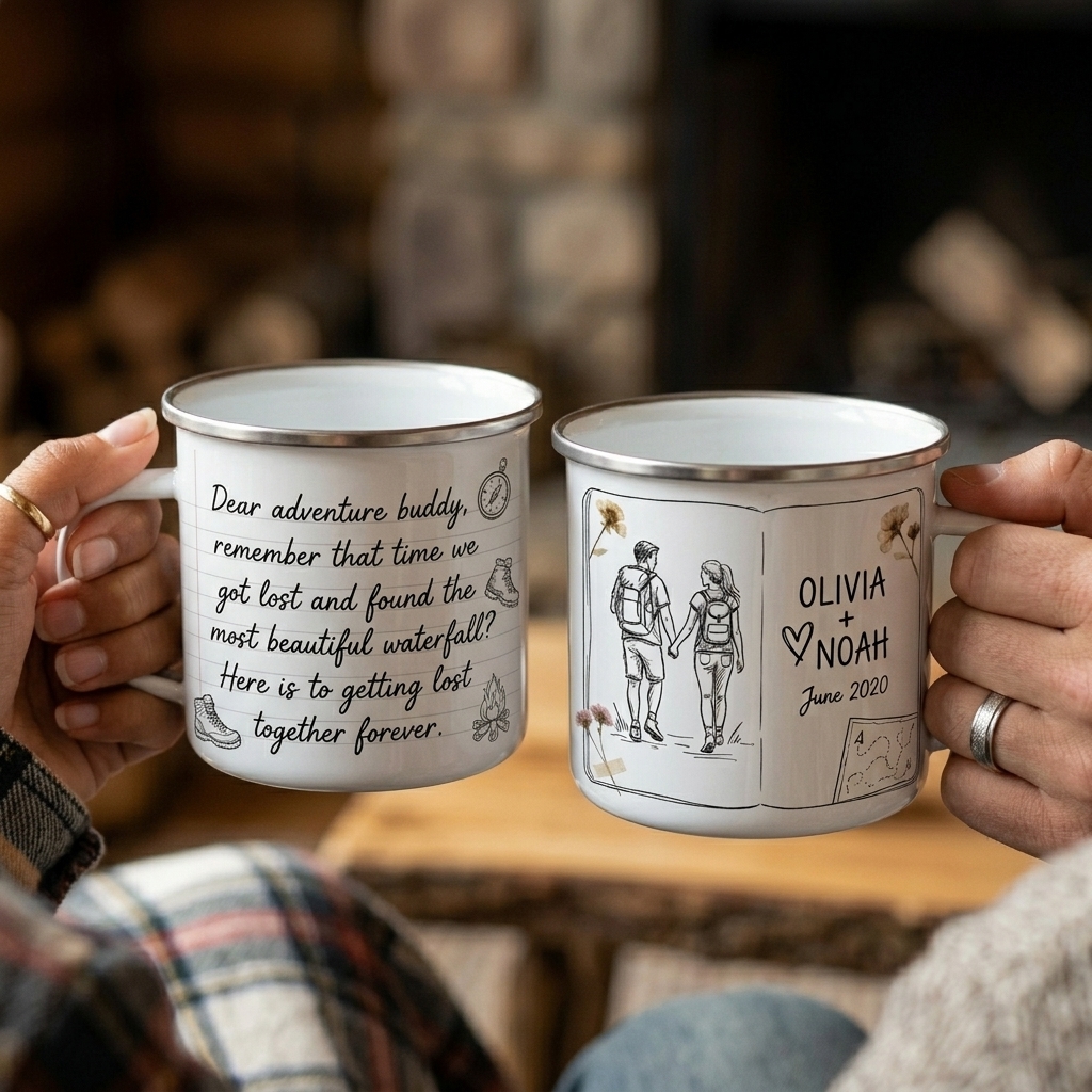 Personalized Adventure Buddy Enamel Mug Custom Couple Hiking Travel Cup Anniversary Wedding Gift For Husband Wife