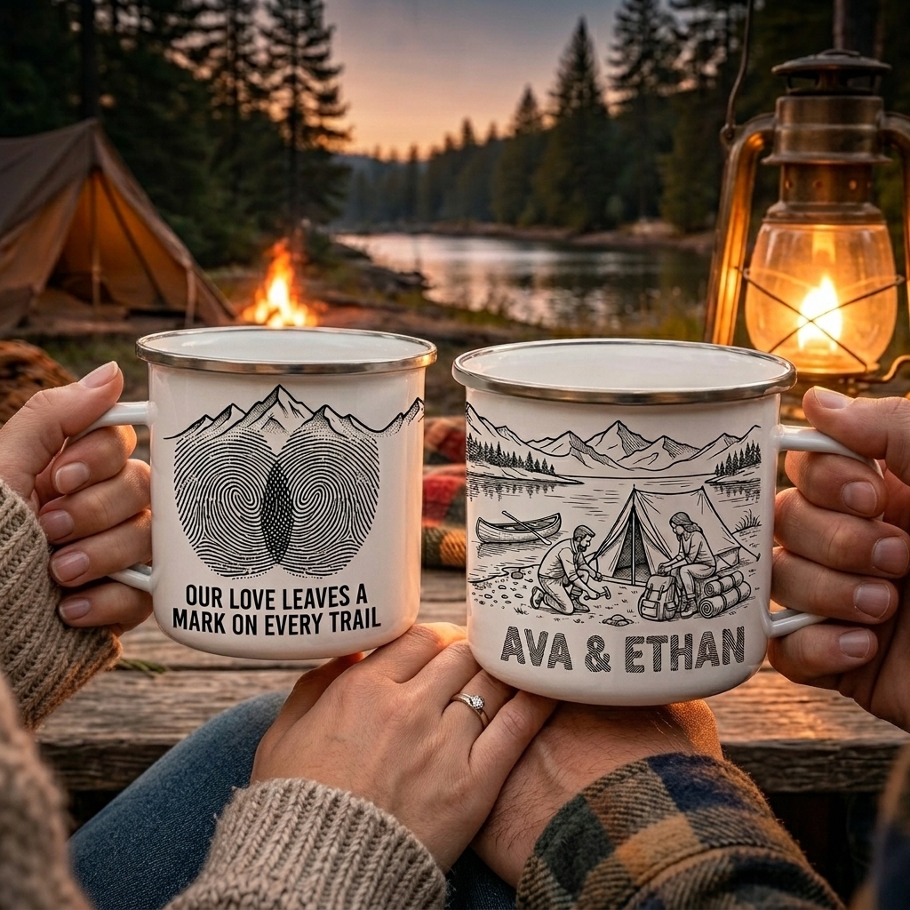 Personalized Couple Enamel Mug Custom Couple Hiking Travel Cup Anniversary Wedding Gift For Husband Wife