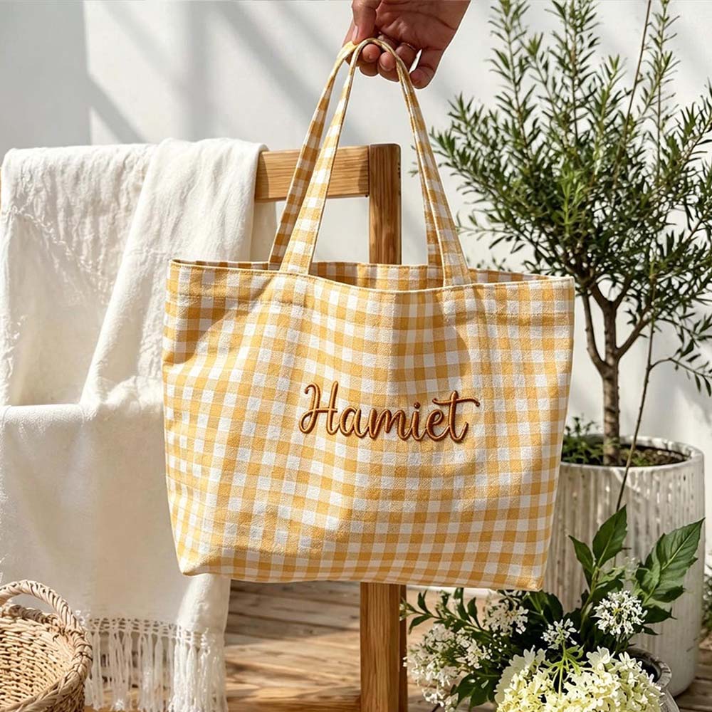 Personalized Crochet Tool Storage Tote Bag Embroidered Gingham Tote Bag Custom Name Canvas Tote Reusable Shopping Bag
