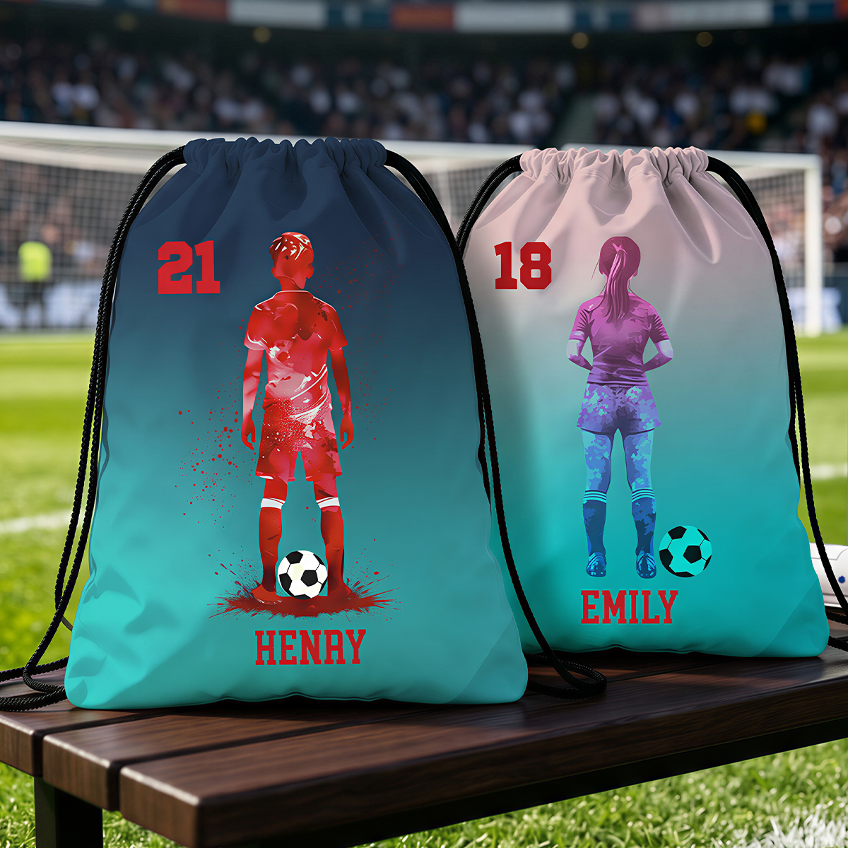 Personalized Soccer Character Silhouette Name Gradient Sports Bag Gift for Kid Teenager Soccer Lover