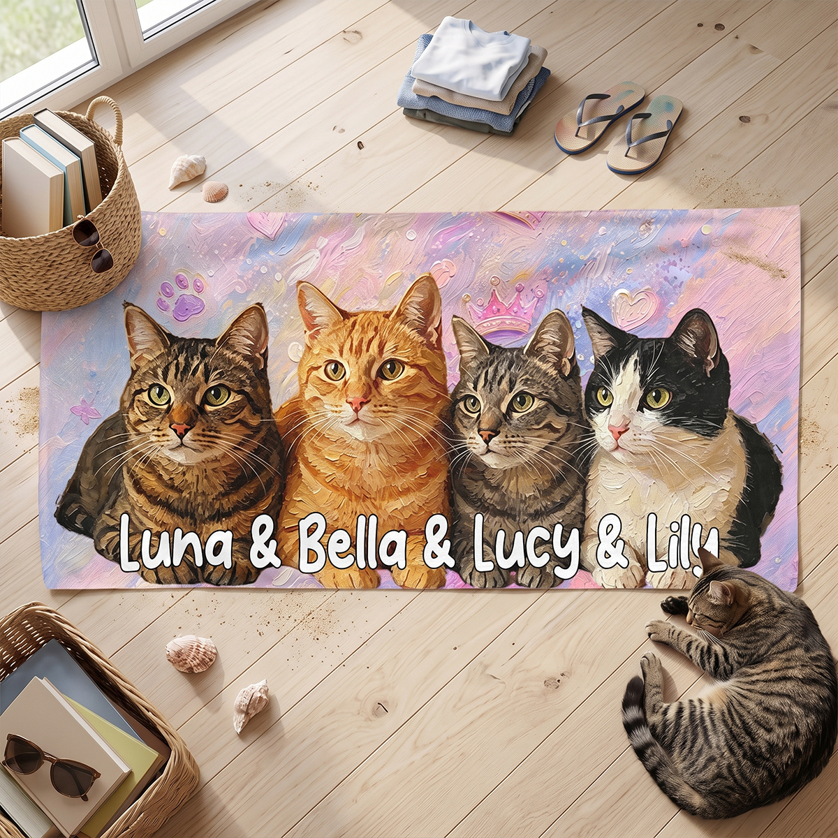 Personalized Oil Painting Pet Photo Beach Towel with Name Birthday Housewarming Gift for Pet Owners