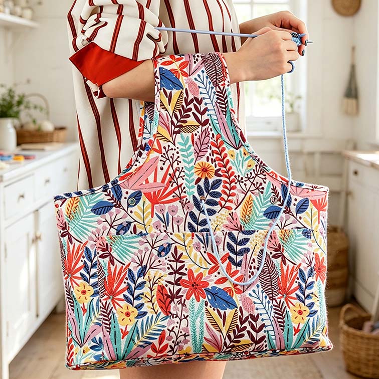 Knitted Wristlet with Drawstring Inner Pocket a Tote Bag Large Capacity Storage Bag for Knitted and Crochet Items with 3 Accessory Pockets