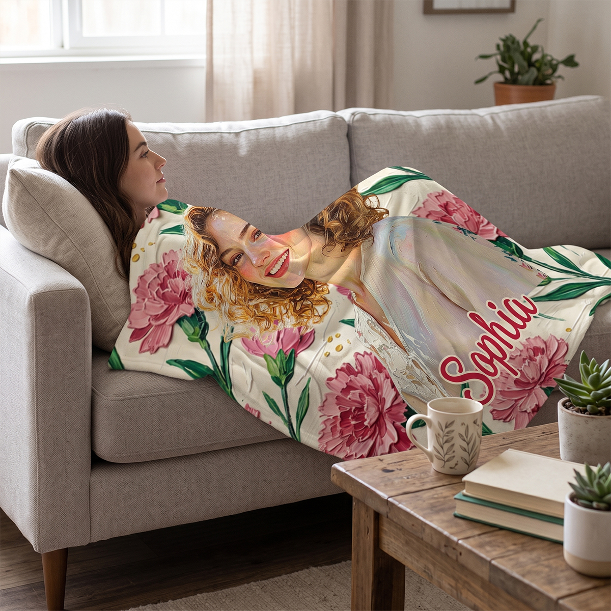 Personalized Birth Flower Flannel Blanket Oil Painting Style Custom Photo and Name Birthday Gift for Her