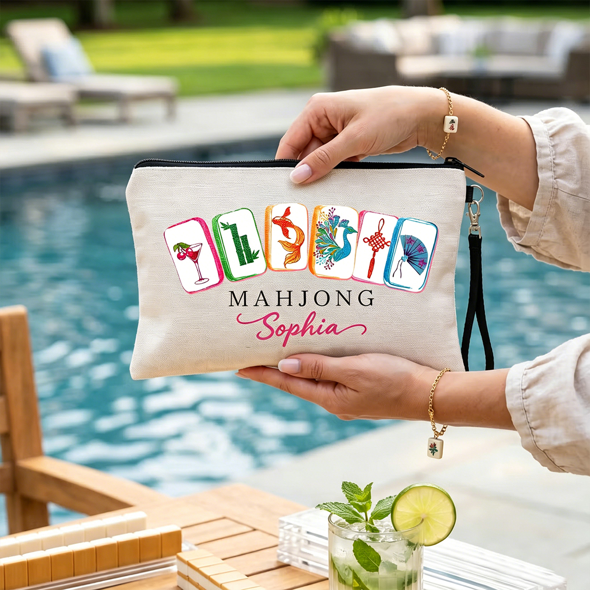 Personalized Mahjong Theme Portable Makeup Bag Large Tote Bag Set with Text Travel Essential Birthday Mahjong Club Gift for Mahjong Lovers